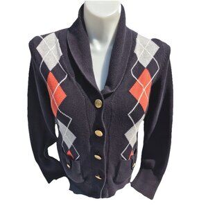 Vtg Tommy Hilfiger Women’s Cardigan Sweater Jacket Med Blue Gold Argyle Designer